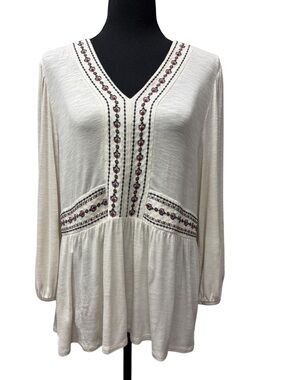 Nurture by Westbound Cream Embroidered Balloon Sleeve Tunic Top | Size M  Boho